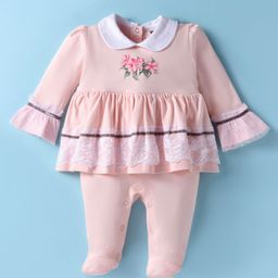 ToffyHouse Interlock Knit Full Sleeves Romper With Floral Print & Lace Detailing - Peach-image-24