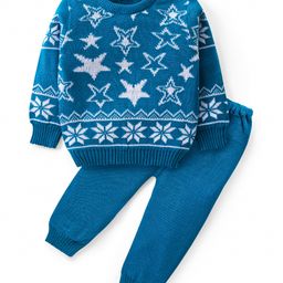 Babyhug Knitted Full Sleeves Sweater Set with Stars Design - Teal Blue-image-23