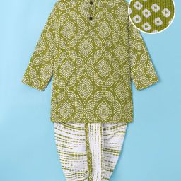 Ridokidz Full Sleeves Bandhani Designed Dhoti Kurta - Parrot Green-image-63