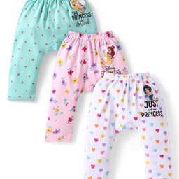 Babyhug Disney Interlock Knit Full Length Diaper Leggings with Disney Princess Print Pack of 3 - Pink White & Blue-image-17