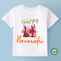 BLUSHES Navaratri Theme 100% Cotton Half Sleeves Happy Navratri Text Printed Tee - White-picture-33