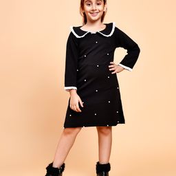 Little Marine Cotton Full Sleeves Pearls Embellished Dress - Black-image-51