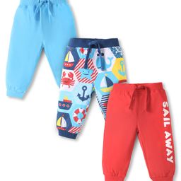 Babyhug Cotton Terry Full Length Jogger Fit Lounge Pants with Ribbed Waist & Marine Theme Print Pack of 3 - Red & Blue-image-63