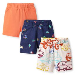 Bonfino 100% Cotton Knit Above Knee Length Vehicle Printed Shorts Pack of 3 - Navy Blue Orange & White-image-54