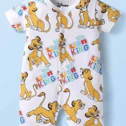 Babyhug Disney Cotton Knit Half Sleeves Front Open Romper with Lion King Graphics - White-image-6