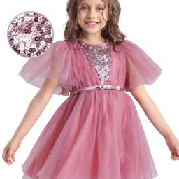 Hola Bonita Half Sleeves Party Wear Frock with V -Shaped Sequin Yoke and Glitter Mesh & Flare Sleeves -Pink-image-63