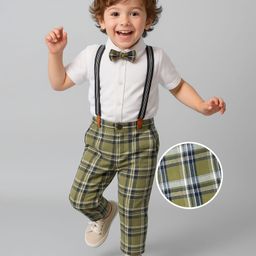 Babyhug Knit Half Sleeves Shirt & Checks Trouser With Bow & Suspender - White & Olive Green-image-6