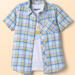 Pine Kids 100% Cotton Half Sleeves Checks Shirt With Text Printed Tank T-Shirt - Light Blue & White-image-98