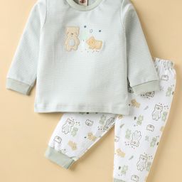 Zero Interlock Knit Full Sleeves Striped Night Suit with Animal Patch & Print - Light Green & White-image-51