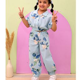 Superminis Cotton Half Sleeves Floral Printed Shirt Style Crop Top & Coordinating Joggers Set - Sky Blue-picture-47