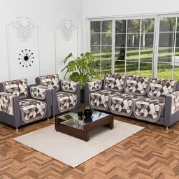 Kuber Industries White & Brown 16 Pieces Printed Velvet 5 Seater Sofa Cover With Arm Cover-30