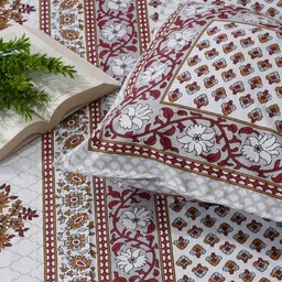 Rajasthan Decor White & Brown Floral Cotton 144 TC Single Bedsheet Set-1.50 m x 2.25 m-picture-8