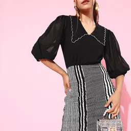 KASSUALLY Black & White Striped Georgette Bodycon Dress-image-89