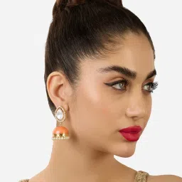 Zaveri Pearls Peach Meenakari Austrian Diamonds Traditional Jhumki Earring-ZPFK17226 image 4