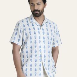Perch Cream Cotton Linen Relaxed Fit Printed Shirt-image-60