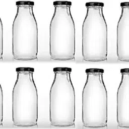 Buildream Hygienic Air Tight Glass Cap Water Milk Juice Bottle 300ml (Pack of 10)-12