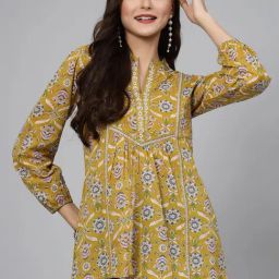 QOMN Mustard Cotton Floral Print A Line Short Kurti-picture-48