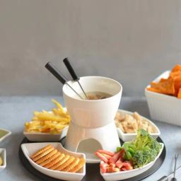 Nestasia White Ceramic Fondue Pot with Burner, Skewers, Wooden Tray and Serving Plate Set for Snacks-34