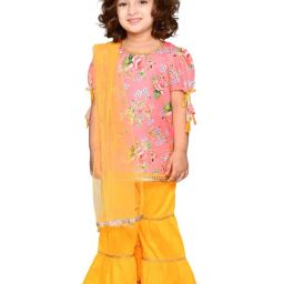 Saka Designs Kids Pink & Yellow Floral Print Kurta with Sharara & Dupatta-image-47