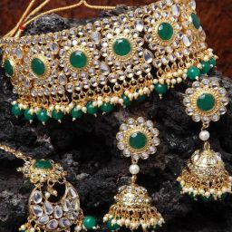 Peora Traditional Crystal Faux Pearl Choker Necklace Earring Maang Tikka Jewellery Set-image-16