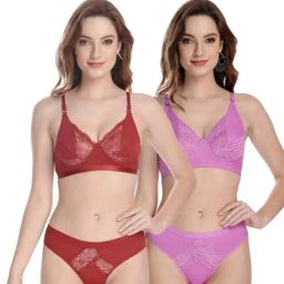 AROUSY Red & Pink Self Pattern Bra Panty Set - Pack Of 2-12