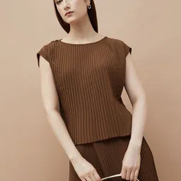 CODE by Lifestyle Women Striped Boat Neck Pleated Extended Sleeves Top-image-36