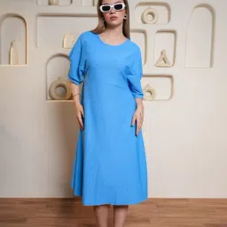 PURVAJA Blue Textured Half Sleeves A-Line Dress-image-17