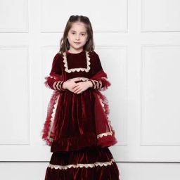 The Pony & Peony Co. Maroon Velvet Regular Solid Suit Sets-image-1