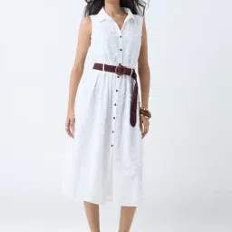 LOV by Westside White Floral Embroidered Cotton Shirt Dress with Belt-picture-3