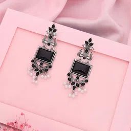 Brado Jewellery Silver-Plated Stone Studded & Beaded Contemporary Oxidized Drop Earrings-26
