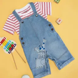 Pantaloons Baby Blue & White Cotton Striped Dungaree Set-image-69