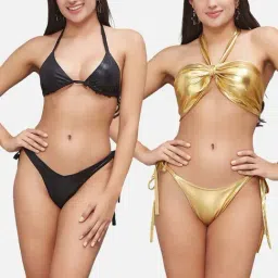Secrets By ZeroKaata Black & Golden Plain Swimwear Bikini-image-96