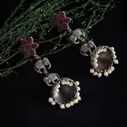 Panash Silver-Plated Pearl Oxidized Jhumki Earrings-image-27