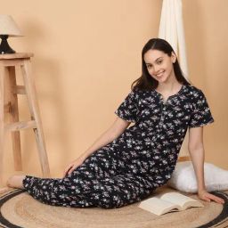 Sweet Dreams Navy Cotton Regular Fit Geometric Print Night Dress-picture-32