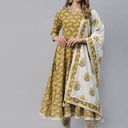 Divena Women Mustard Yellow Floral Printed Gotta Patti Pure Cotton Anarkali Kurta Set-image-5
