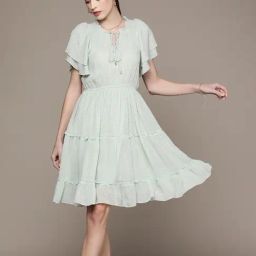 Label Ritu Kumar Mint Georgette Solid Fit & Flare Short Dress-image-122