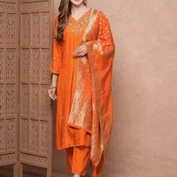 Fashor Orange Embroidered Kurta & Pant Set With Dupatta-image-28