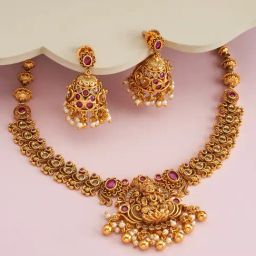 Kushal's Fashion Jewellery Ruby Gold Polished Antique Necklace Set for Women-picture-5