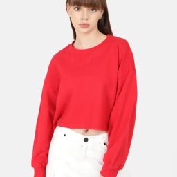 Bene Kleed Red Cotton Relaxed Fit Crop Sweatshirt-image-97