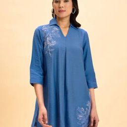 Marigold Lane Blue Linen Regular Fit Embroidered Tunic-picture-21