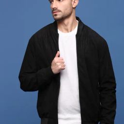 Showoff Black Regular Fit Self Pattern Bomber Jacket-12
