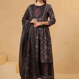 KALINI Women's Black Rayon Blend Printed Anarkali Kurta Set With Dupatta-picture-4