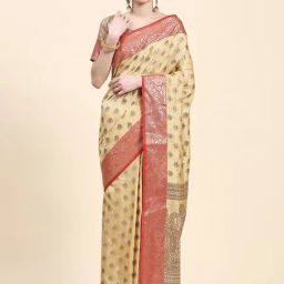 JUST FASHION Yellow Silk Woven Saree With Unstitched Blouse-image-7