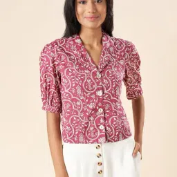 Akkriti by Pantaloons Magenta Cotton Printed Crop Shirt-image-53