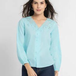 SHAYE Blue Cotton Self Design Top-15