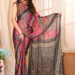 FABMORA Pink & Grey Printed Saree With Unstitched Blouse-30