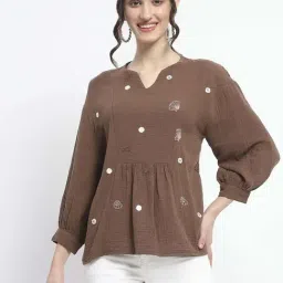 MADAME Brown Cotton Embroidered Top-image-28