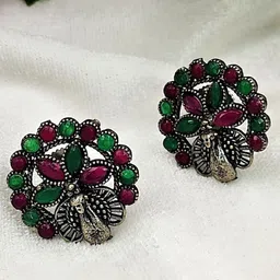 Yash Jewels Emporiums Silver-Plated Artificial Stones Studded Floral Shaped Oxidized Studs-picture-40