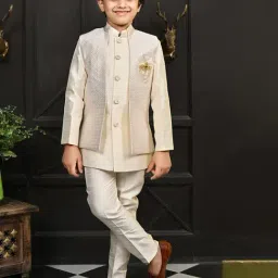 Ahhaaaa Kids Cream Embellished Full Sleeves Sherwani, Jacket & Pyjamas-picture-24