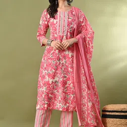 HARIKS Floral Printed Round Neck Pure Cotton Straight Kurta & Trousers With Dupatta-picture-10